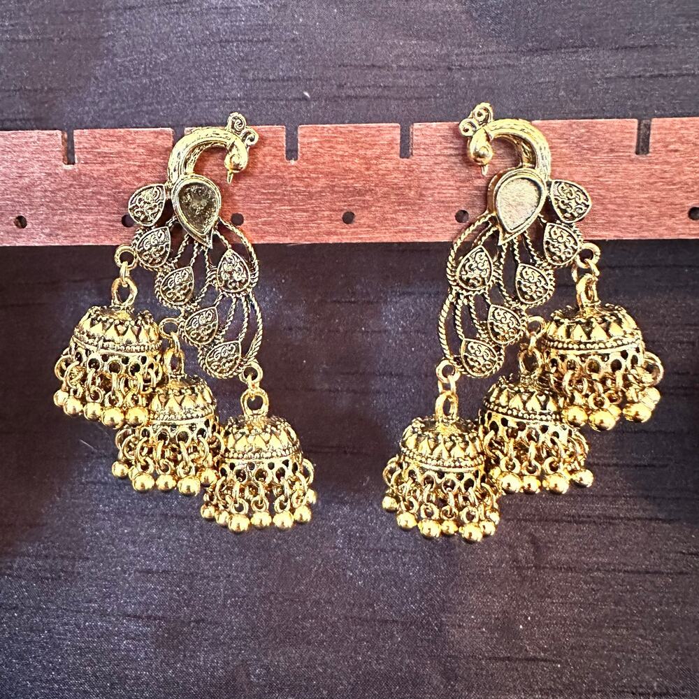 Bollywood Desi Peacock Jhumka Tiered Oxidized Gold tone Earrings